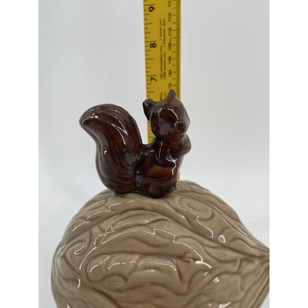 Ceramic Squirrel On Creme Acorn Walnut Candy Dish Nut Bowl Serving Jar Vintage